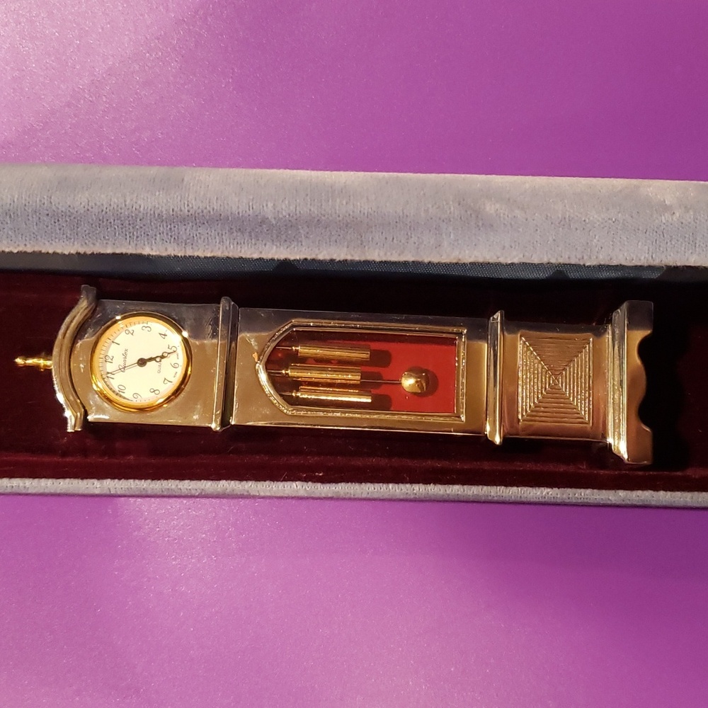 Vintage Quartex Miniature silver gold chrome Dollhouse Grandfather Clock + Box